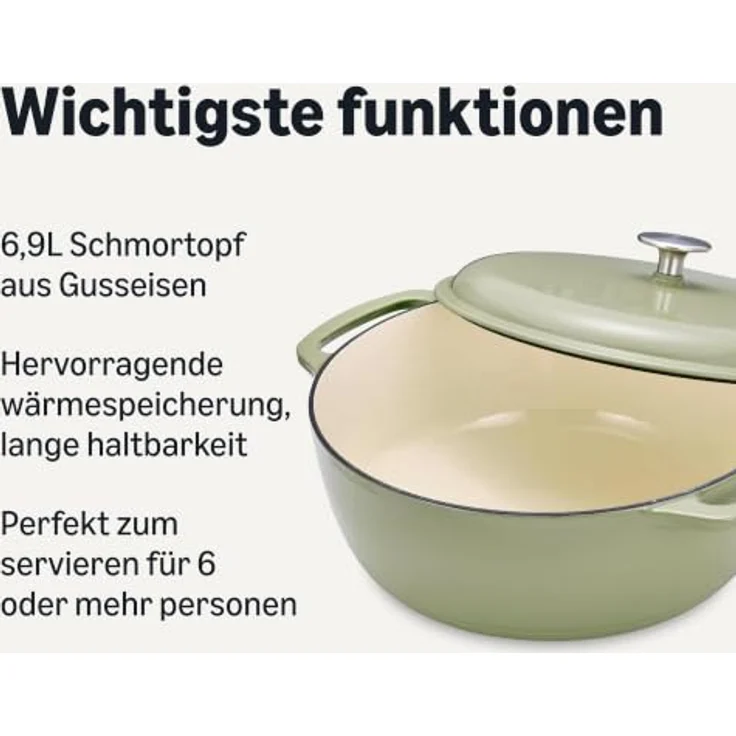 Amazon Basics Schmortopf Rund, 6,9 L emailliertes Gusseisen in Olivgrün, geeignet für alle Herdarten und Backofen bis 260°C – Bild 2