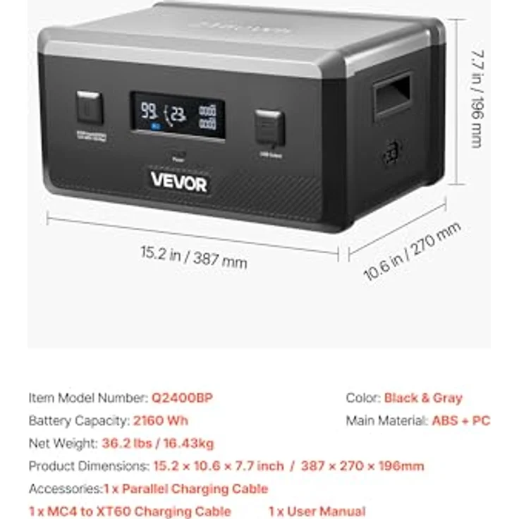 VEVOR Zusatzakku Q2400BP, 2160 Wh LiFePO4-Erweiterungsakku mit 3 Anschlüssen für tragbare Powerstation, Schwarz & Grau, ideal für Zuhause, Camping und Notfälle – Bild 7
