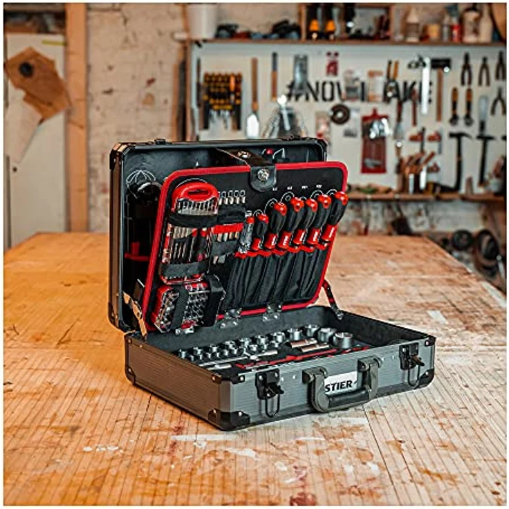 STIER Universal-Werkzeugsortiment im Aluminiumkoffer 144-teilig, Werkzeugkoffer bestückt gefüllt, Werkzeug Set, 4 Fächer mit Schraubendrehern, Scheren, Zangen, Säge u.v.m. – Bild 3