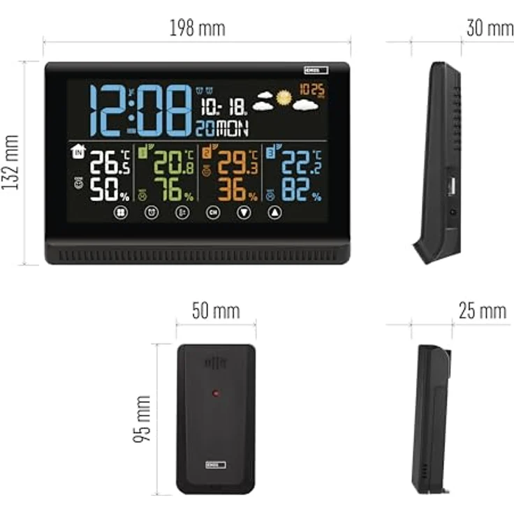 Emos Drahtlose Wetterstation E8614, Farbdisplay mit DCF-Funkuhr, Temperaturmessung von -40 °C bis +70 °C, erweiterbar mit 3 Sensoren, USB-A Stromausgang – Bild 6