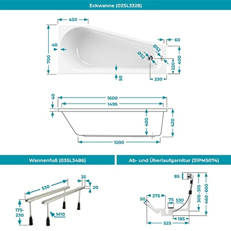 Calmwaters® Raumspar-Badewannen-Set 160x70 cm mit Wannenfüßen & Ablaufgarnitur, Acrylwanne Essential Small, platzsparende Wanne, Set Badewanne komplett, 160 x 70 cm, Weiß, 99000322 – Bild 5