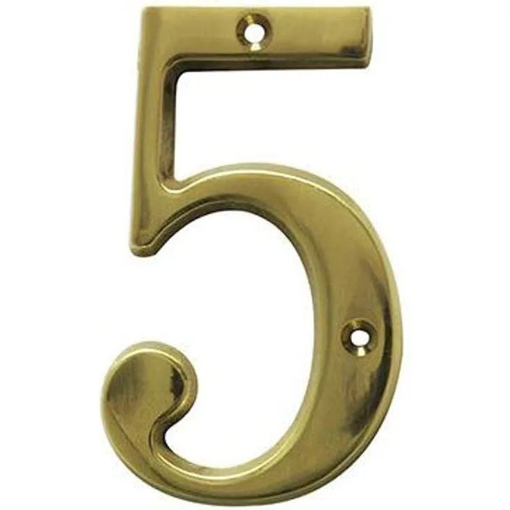 Amig | Nummer 5 aus poliertem Messing zum Schrauben im Innen- und Außenbereich | Maße: 50 mm | Perfekt für Toren, Wände oder Fassaden | Gold-Finish