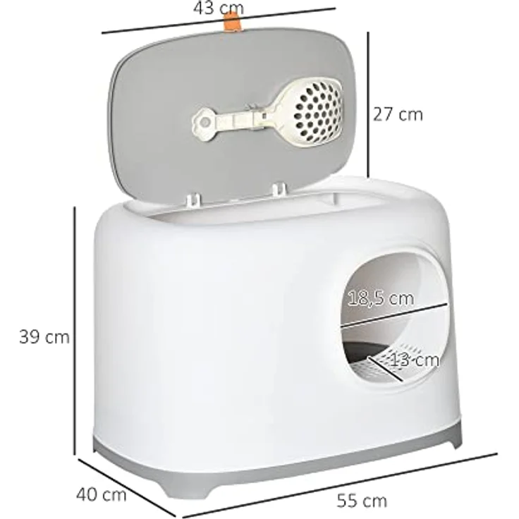 PawHut Katzentoilette mit Haube für Katzen bis 5 kg Katzenklo mit Deckel Gitterboden Kunststoff Weiß 55 x 40 x 39 cm – Bild 3