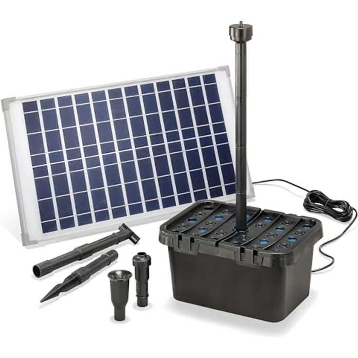 Esotec Solar Teichfilterset Starter 25/1250, Teichfilter Komplettset mit 1250l/h Pumpe, 3 Sprinkler-Aufsätzen und 25W Solarmodul für Gartenteichreinigung