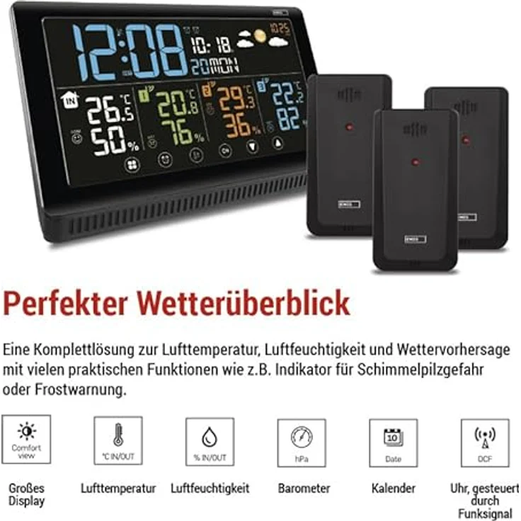Emos Drahtlose Wetterstation E8614, Farbdisplay mit DCF-Funkuhr, Temperaturmessung von -40 °C bis +70 °C, erweiterbar mit 3 Sensoren, USB-A Stromausgang – Bild 2
