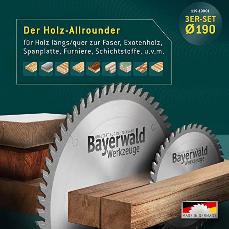 HOLZ ALLROUND Bayerwald Hand-Kreissägeblatt Set Ø 190 (3 tlg.) - für Tischlerplatten, Spanplatten, Holz Querschnitt etc. - Geeignet für Handkreissägen u.a. mit Bosch GKS 165 GKS 55. Makita DHS630Z – Bild 3