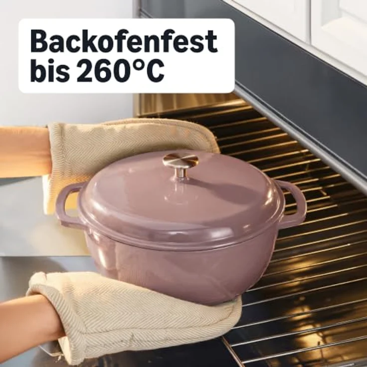 Amazon Basics Schmortopf Rund, Emailliertes Gusseisen, 6,9 L, Lehmfarben, gleichmäßige Wärmeverteilung, Backofenfest bis 260°C – Bild 4