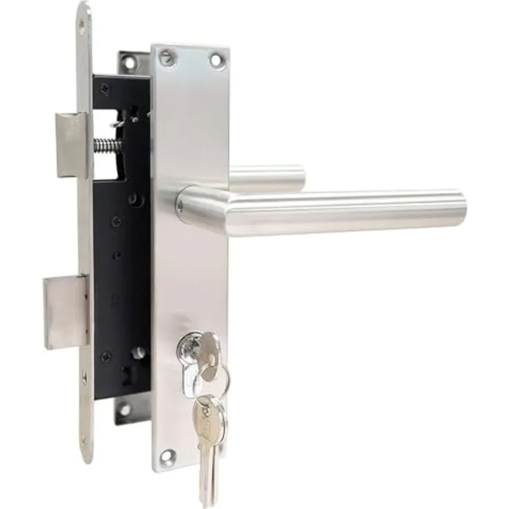 ROG garden-line Einsteckschloss für Gartentür RE/LI inkl. Edelstahl Griffe + Türschild und 3 Sicherheitsschlüssel, Universal verwendbar, Edelstahl, geeignet für Innen und Außen