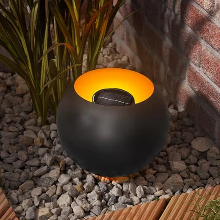 Esotec Solar Feuerschale Fire Pot, wetterfeste Garten-Deko mit realistischem Flammeneffekt, Akku, LED, anthrazit-orange, 26 x 21 cm, für außen – Bild 2