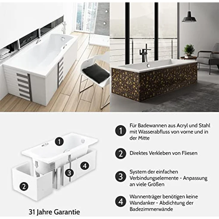 KOLMAN Badewanne Rechteck Modern 170x70 mit Wannenträger - Ablaufgarnitur VIEGA & Füße – Bild 4