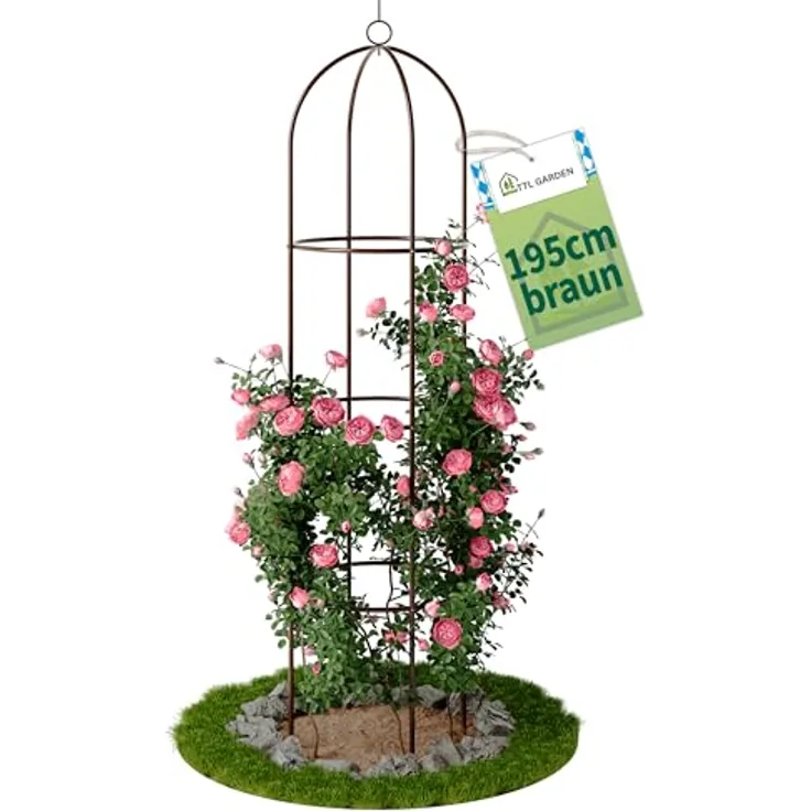 TTL Garden Obelisk Rankhilfe XL, 195 cm hohe rosafarbene Rankgitter aus rostfreiem Stahl für Kletterpflanzen wie Rosen und Clematis, pulverbeschichtet, 40 cm Ø, variabel in der Höhe