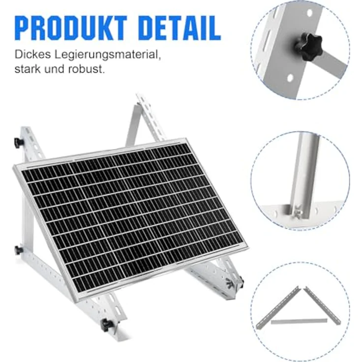 Rhein Beleuchtung Solarpanel Halterung Flachdach, 114 cm für Solarmodule 100W-800W, verstellbarer Winkel 0-90°, korrosionsbeständig, 2 Sets – Bild 2