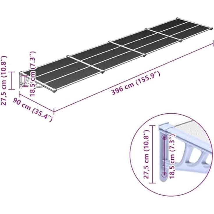 vidaXL Türvordach Grau und Transparent 396x90 cm Polycarbonat, wetterfest und korrosionsbeständig – Bild 4