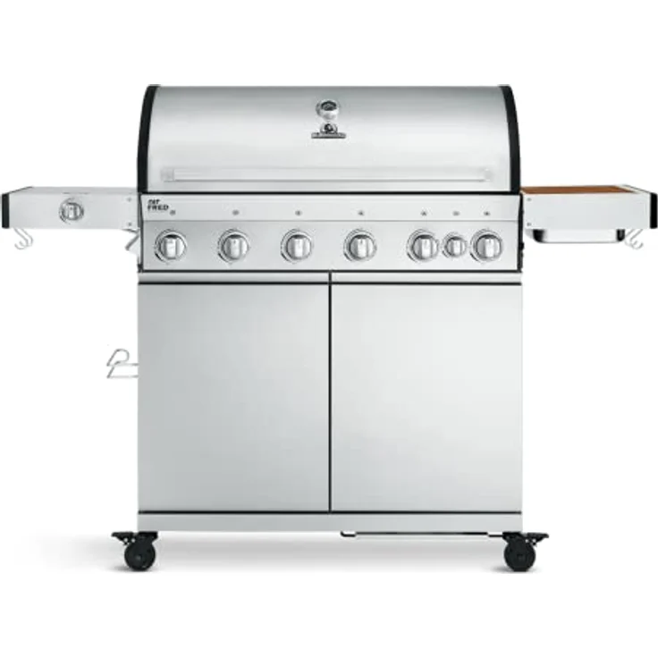 BURNHARD 6-Brenner Gasgrill Fat FRED Deluxe 2023 inkl. Backburner, 900°C Infrarot-Keramikbrennern, Seitenkochfeld, Gusseisen-Grillrost, Grillabdeckung, Edelstahl Grillwagen + klappbare Seitentische – Bild 1