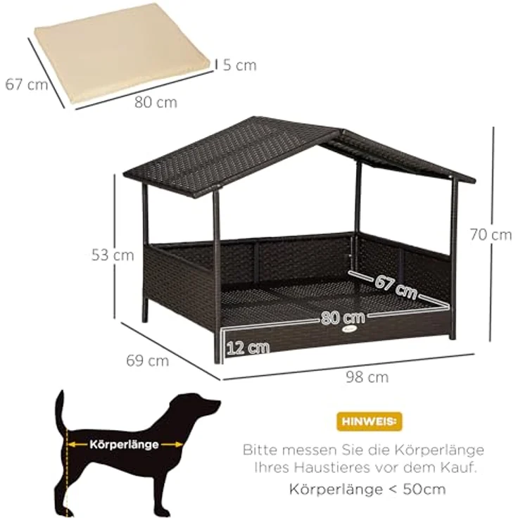 PawHut Rattan Hundehaus mit Kissen, Hundebett im Hausform, Outdoor Hundehütte, Stahlrahmen, PP, Kaffee-Braun, 69 x 98 x 70 cm – Bild 3