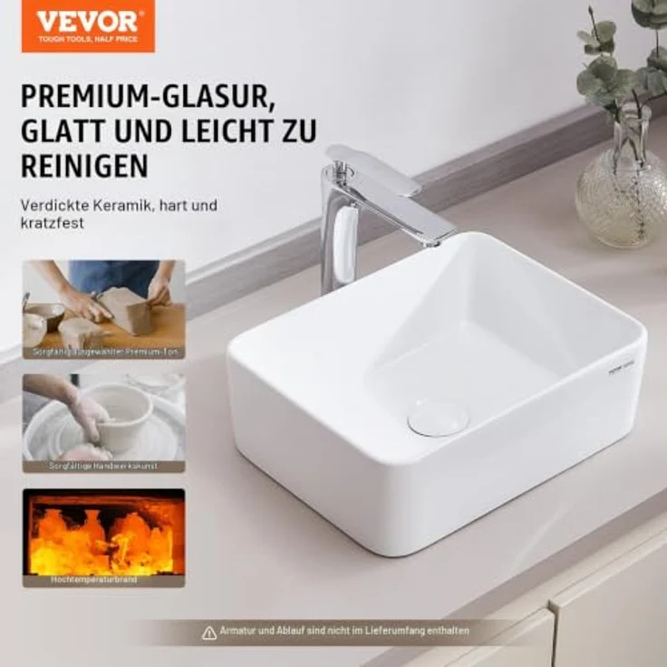 VEVOR Rechteckiges Aufsatzwaschbecken, 406 x 305 x 133 mm, Keramikwaschbecken in modernem Design, helles Weiß, geeignet für Badezimmer, Toiletten, Hotels und Restaurants – Bild 2