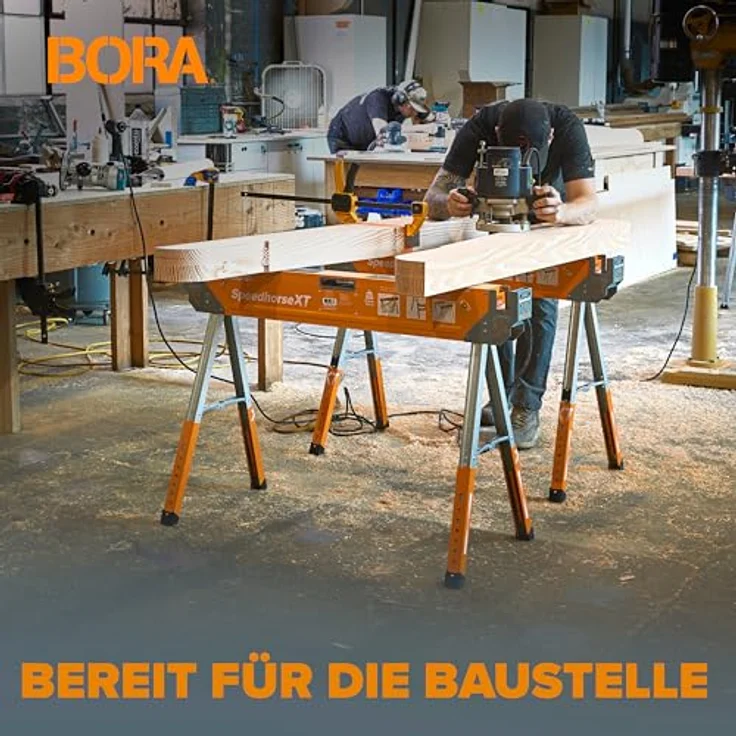 Bora Portamate Speedhorse XT, Höhenverstellbare Sägeböcke 76,2–91,4 cm, 2er Set, Orange/Abendrot im Zickzackmuster (Sunset Chevron), Tragkraft bis 816,5 kg, schneller Aufbau in 1,6 Sekunden – Bild 3