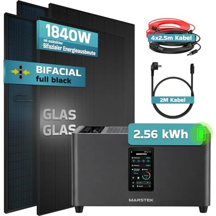 SUNNIVA® Balkonkraftwerk 1840W mit 2,56 kWh BIFAZIAL FULLBLACK Speicher MARSTEK Jupiter C + Plus, Komplettset mit 4x 460W N-Type Glas-Glas Bifacial Solarmodulen, steckerfertig – Bild 2