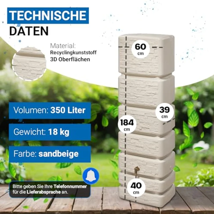 4rain Slim Wandtank sandbeige - Regentonne mit 350 Liter Volumen, Steinoptik, UV-stabil und 5 Gewindeanschlüssen – Bild 4