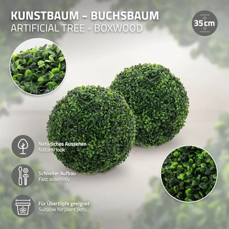 ML DESIGN modern living 2er Set Künstliche Buchsbaumkugel Ø35 cm, UV-beständige Kunstpflanze, Pflegeleichte Deko für Wohnzimmer, Büro & Garten – Bild 2