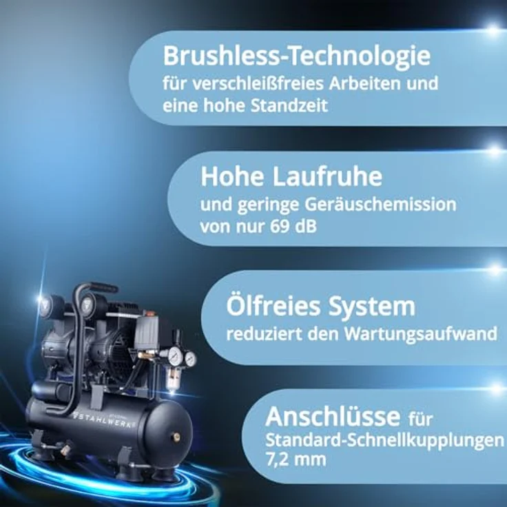 STAHLWERK Kompressor ST-110 Pro, Druckluftset mit 10 bar Maximaldruck, 210 l/min Durchfluss, 10 l Kesselinhalt, inkl. digitaler Reifenfüllpistole und PU-Druckluftschlauch – Bild 3