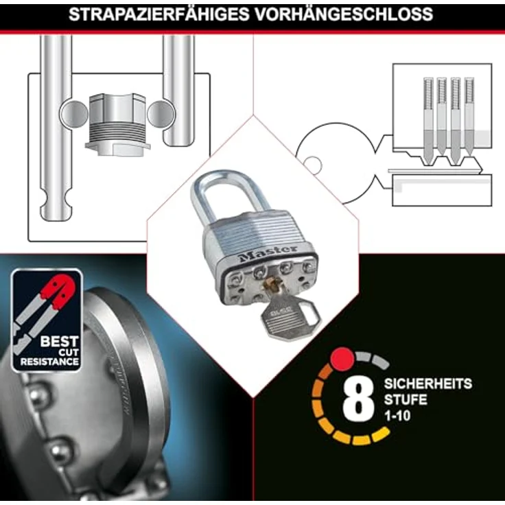 MASTER LOCK Hochsicherheits Vorhängeschloss [Schloss mit Schlüssel] [Laminiertem Stahl] [Wetterfest] [XL Bügel] M1EURDLJ - Ideal für Lagerräume, Lagerschuppen, Garagen, Zäune – Bild 3