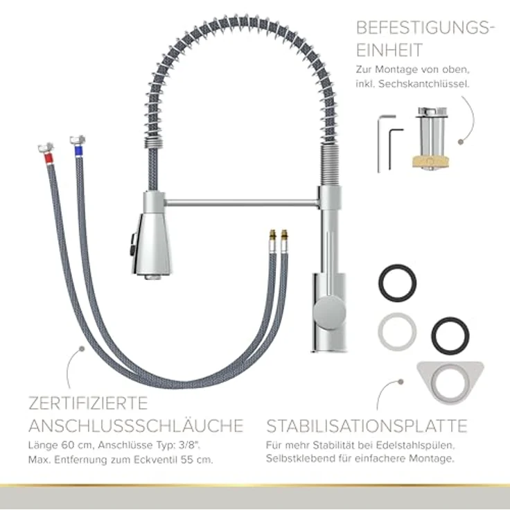 Lenz Küchenarmatur KALANI², Chrom mit flexibler Geschirrbrause, 2 Strahlarten und EasyFix Befestigung von oben, hochwertige Verarbeitung, 46070302 – Bild 5