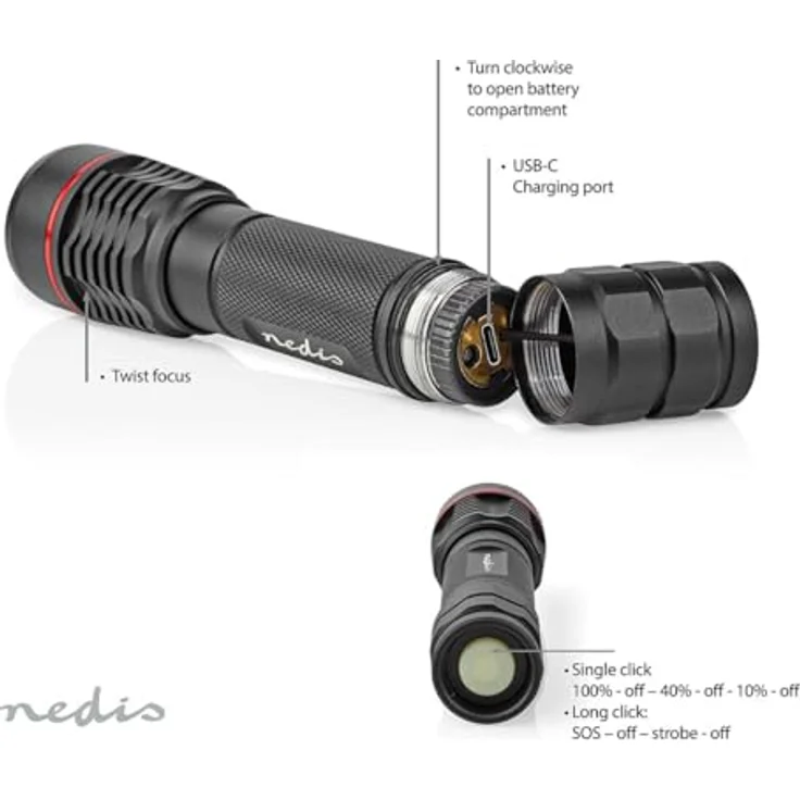LED-Taschenlampe - Batteriebetrieben - 3.7 V DC - 10 W - Eingebautes Lithium Ion - Batterien enthalten - Wiederaufladbar - Nennlichtstrom: 1000 lm - Lichtbereich: 200 m - Strahlungswinkel: 10 ° – Bild 3
