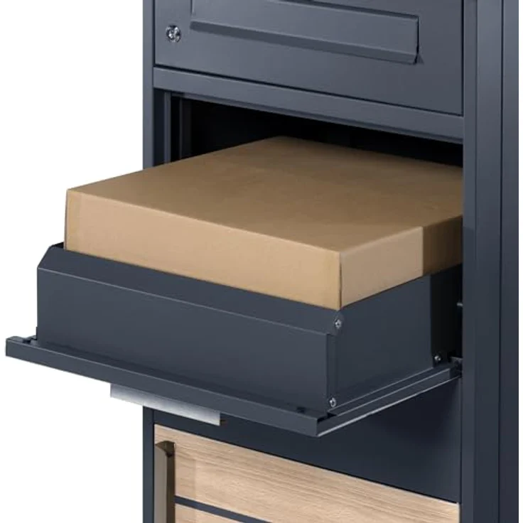 Zelsius Briefkasten mit Paketfach Terra | pulverbeschichteter Stahl mit Elementen in Holzoptik | RAL7016 Anthrazit | integrierte Rückholsperre | Bodenmontage | Paketbriefkasten, Paketbox, Parcel Box – Bild 5