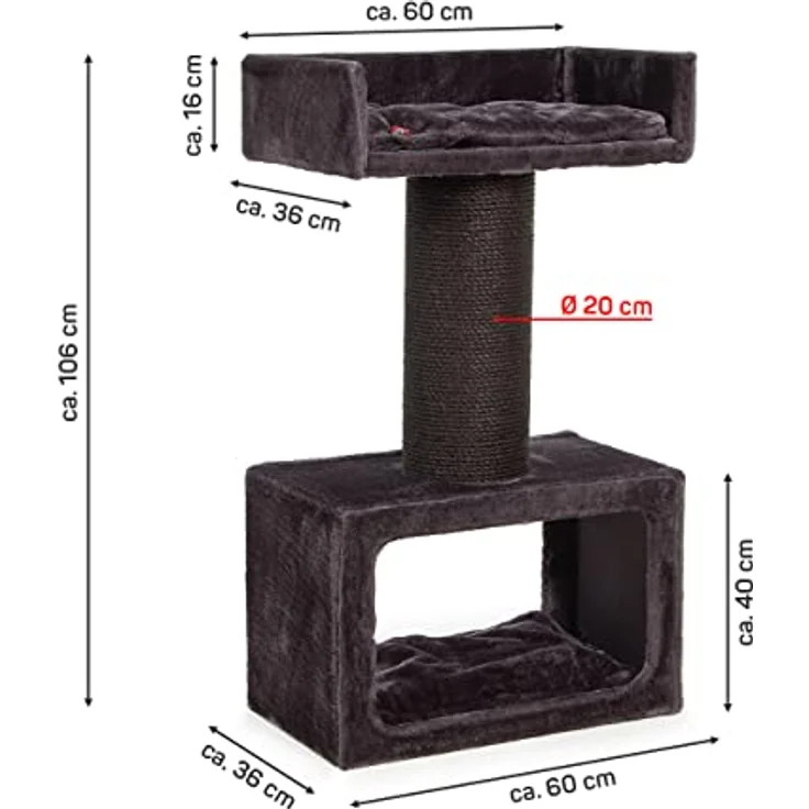 CanadianCat Company | Kratzbaum Cavell stabil 106 cm für große Katzen | 20 cm Sisalstämme mit 8 mm dickem Sisalseil | 600g Plüsch | Kratzbaum für schwere Main Coon | grau – Bild 2