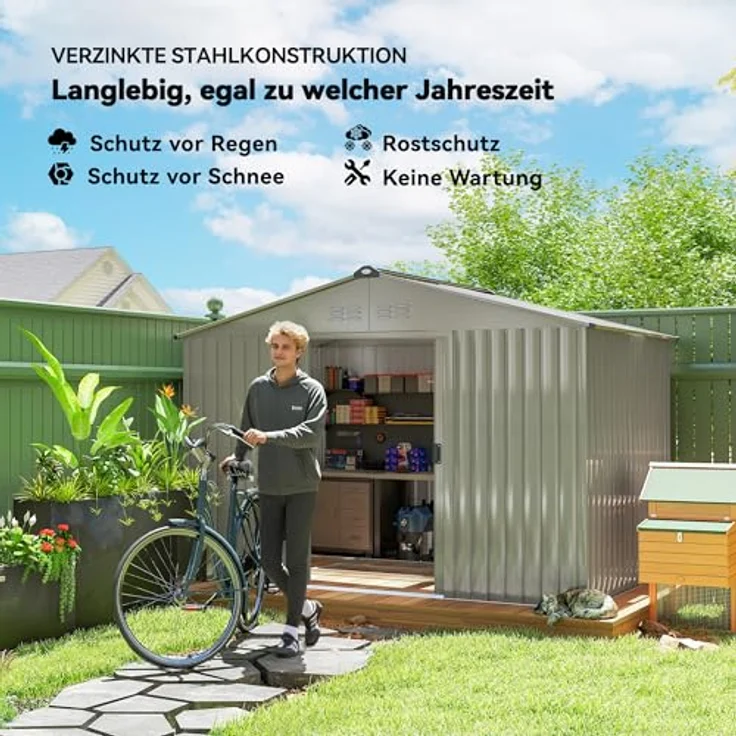 Outsunny Metall Gerätehaus 4,9 m², Gartenhaus mit Satteldach, 2 Schiebetüren, wetterfest, grau, 277 x 195 x 192 cm – Bild 5