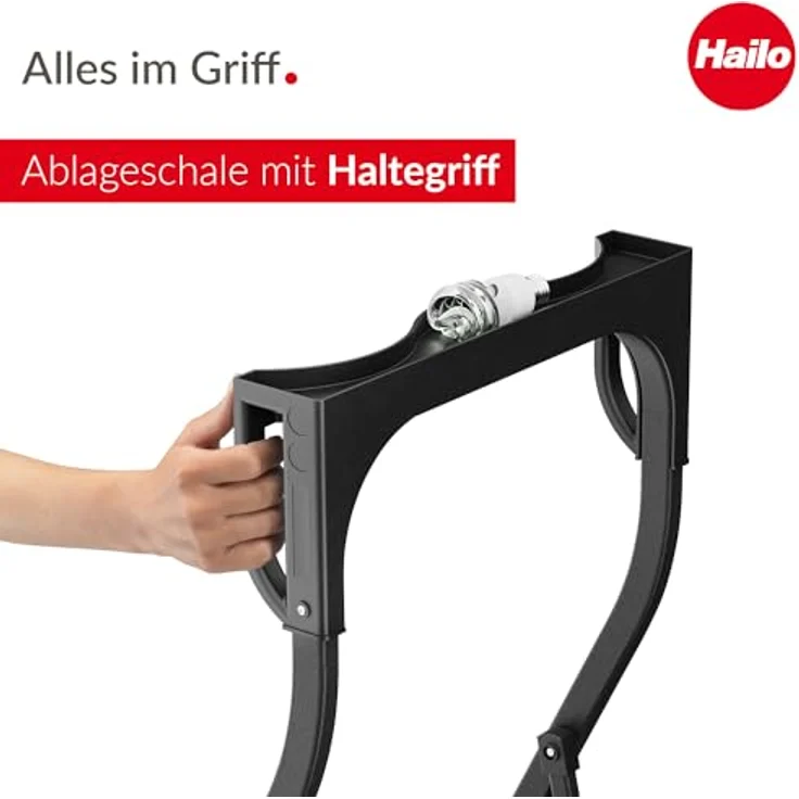 Hailo K77 ComfortLine Klapptritt - 3-stufige Trittleiter aus Stahl mit Sicherheitsbügel und Ablageschale - Arbeitshöhe bis 2,69 m - Gewicht: 6,8 kg - Schwarz – Bild 3