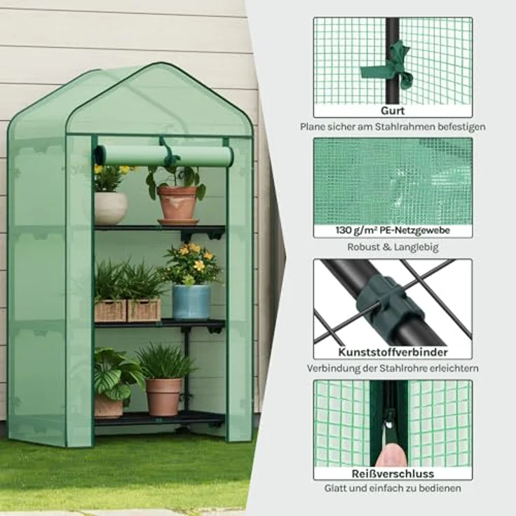 Woltu Tomatengewächshaus, BxTxH: 70 x 50 x 130,00 cm, Gewächshaus mit Rollen, Winterschutz, Spitzdach, Weiß – Bild 4