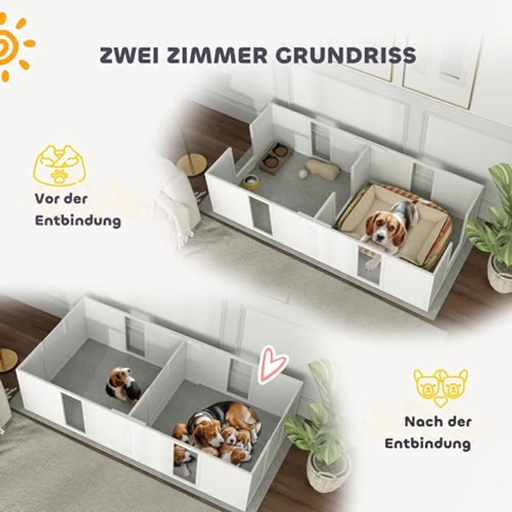 PawHut Wurfkiste für Welpen, Welpenauslauf mit rutschfeste Bodenschoner, Verstellbare Tür, Welpenlaufstall aus Holz, 196 x 96 x 48 cm, Weiß – Bild 4