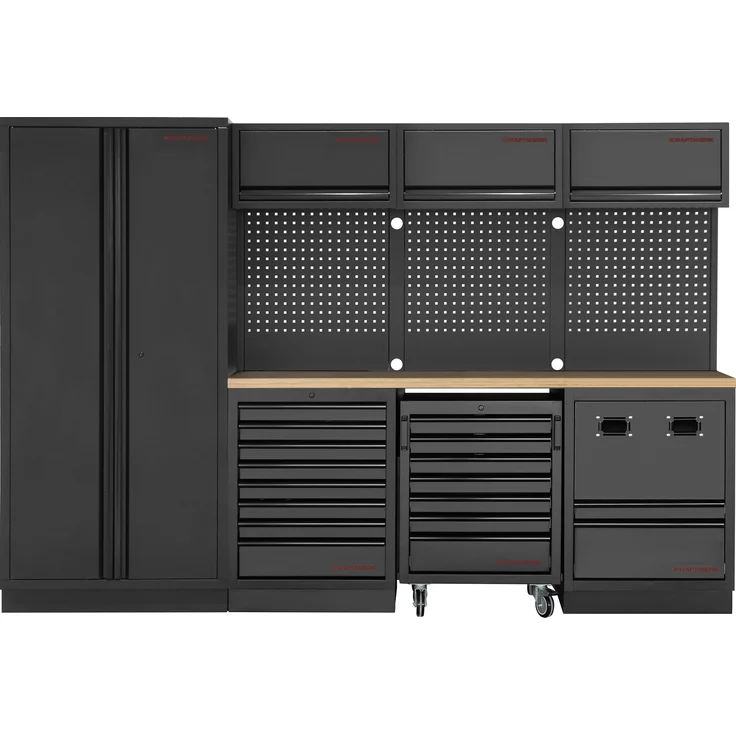 Kraftwerk MOBILIO BLK Kombi Lochwand, Werkzeugwand aus Buche mit Hochschrank, Oberschränken und Schubladenschrank, schwarz