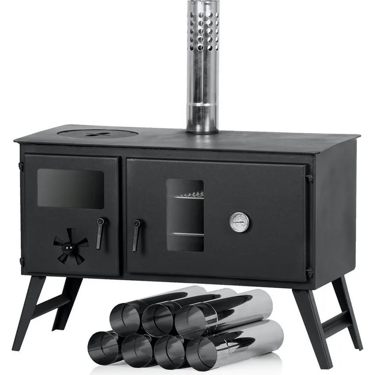 CampFeuer Zeltofen, 28,5 x 58,5 x 260 cm, Zeltheizung, Holzofen für Camping, mit Backfach und Thermometer