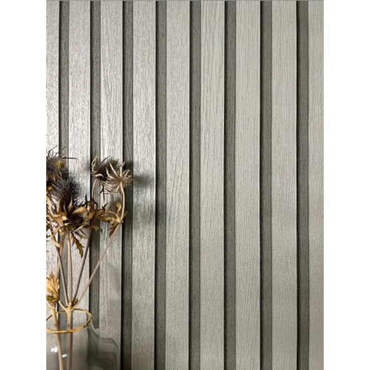 Newroom Vliestapete Silber, Holzpaneele mit strukturierter Lamellen-Optik, 10,05 m x 0,53 m, pflegeleicht und lichtbeständig für Wohnzimmer und Schlafzimmer – Bild 1