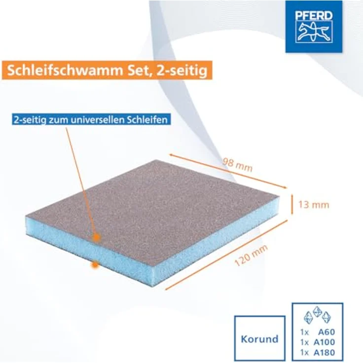 PFERD Schleifschwamm-Set, 3-teilig A60, A100, A180 | 89 x 120 x 13 mm, 2-seitig, universell einsetzbar, abwaschbar – Bild 2