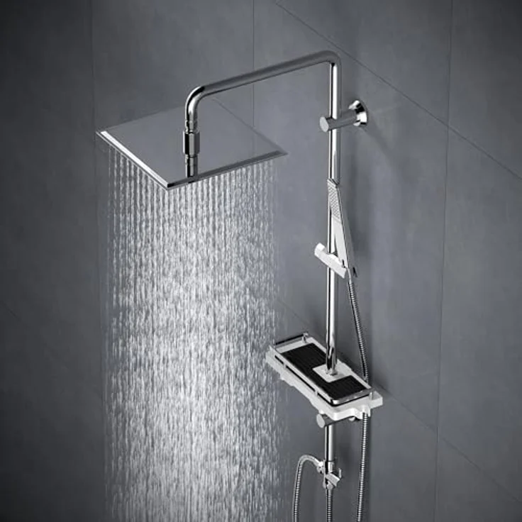 Görbach Regendusche Duschsystem, Wassersparend, Edelstahl Kopfbrause 20x20 cm Chrom, 92 cm Duschstange, bewegliche Wandhalterung, 3 Wege Umschaltventil, Edelstahl Schläuche – Bild 2
