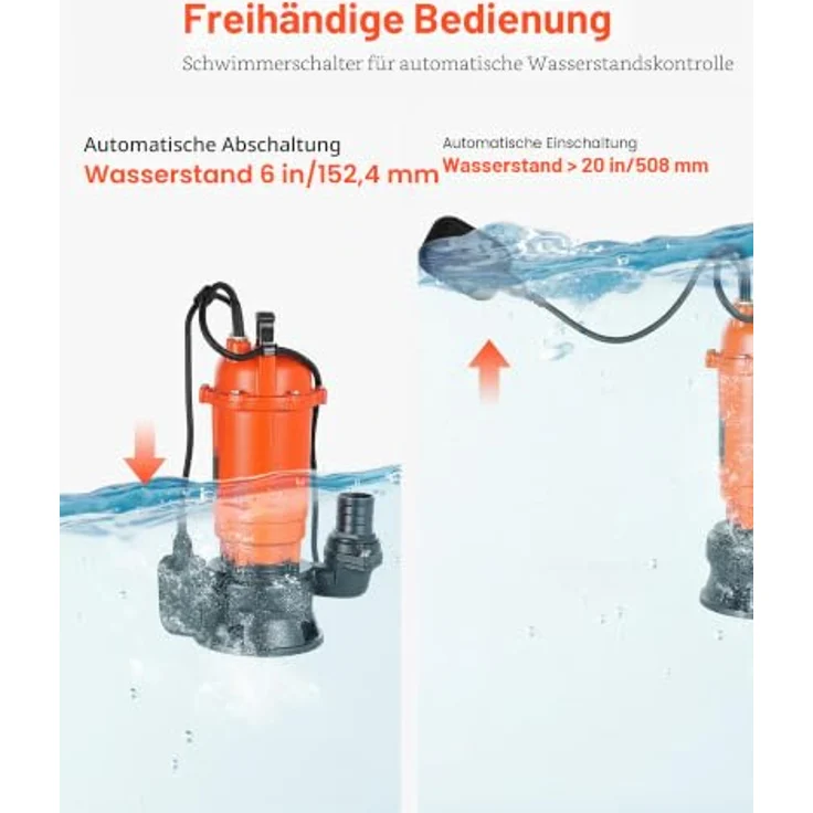 VEVOR 1500W Tauchpumpe WQD1500, 22800l/h, Gusseisen mit IPX8, automatischer Schwimmerschalter, 18m Förderhöhe, optimal zum Abpumpen von Schmutzwasser für Pools und Teiche – Bild 3