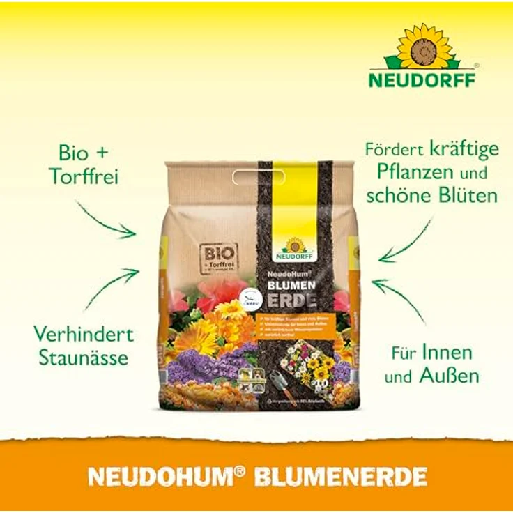 Neudorff NeudoHum Blumenerde, 10 l torffrei mit organischem Dünger und Schädlingsschutz – Bild 1
