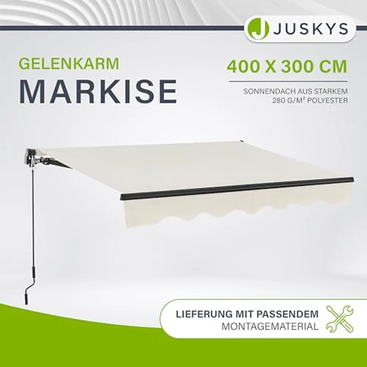 Juskys Gelenkarmmarkise 400 x 300 cm, UV40+ & wasserabweisend, mit Kurbel & Wandhalterung, Beige - Sonnenschutz Balkonmarkise für Terrasse & Balkon – Bild 2