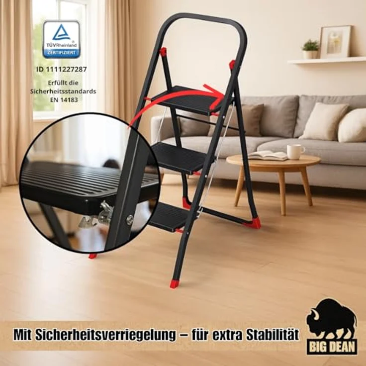 BigDean Trittleiter 3 Stufen klappbar, TÜV geprüfte Sicherheit, bis 150 kg belastbar, rutschfester Stand, schwarz – Bild 2