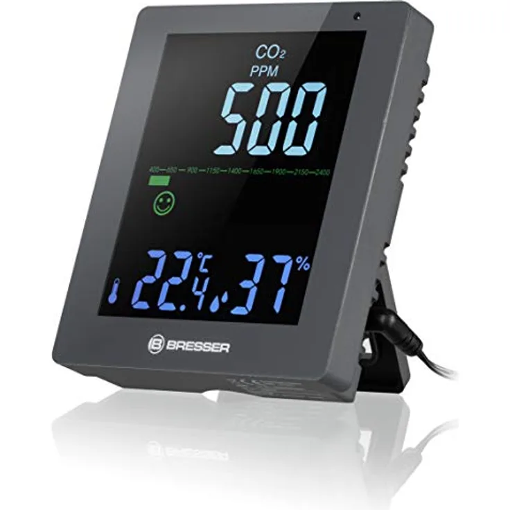 Bresser CO² Luftqualitätsmonitor, Thermometer + Hygrometer mit CO2-Ampel und Lüftungsalarm, Grau