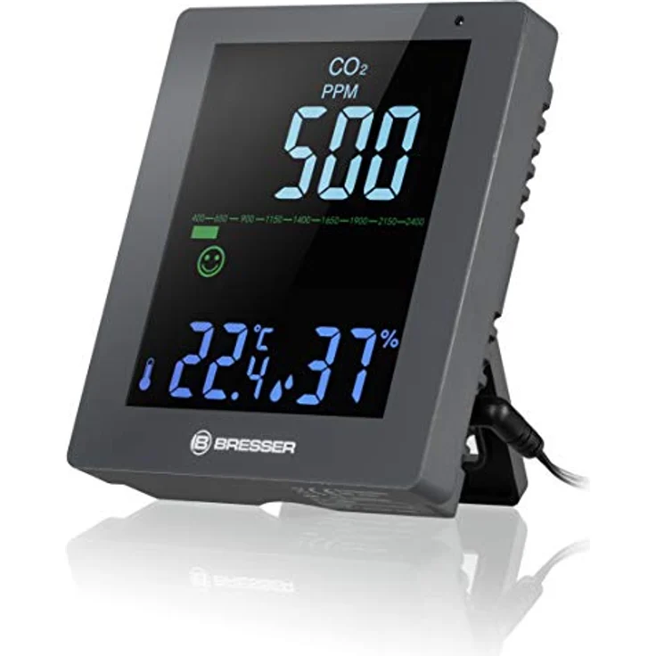 Bresser CO² Luftqualitätsmonitor, Thermometer + Hygrometer mit CO2-Ampel und Lüftungsalarm, Grau – Bild 1