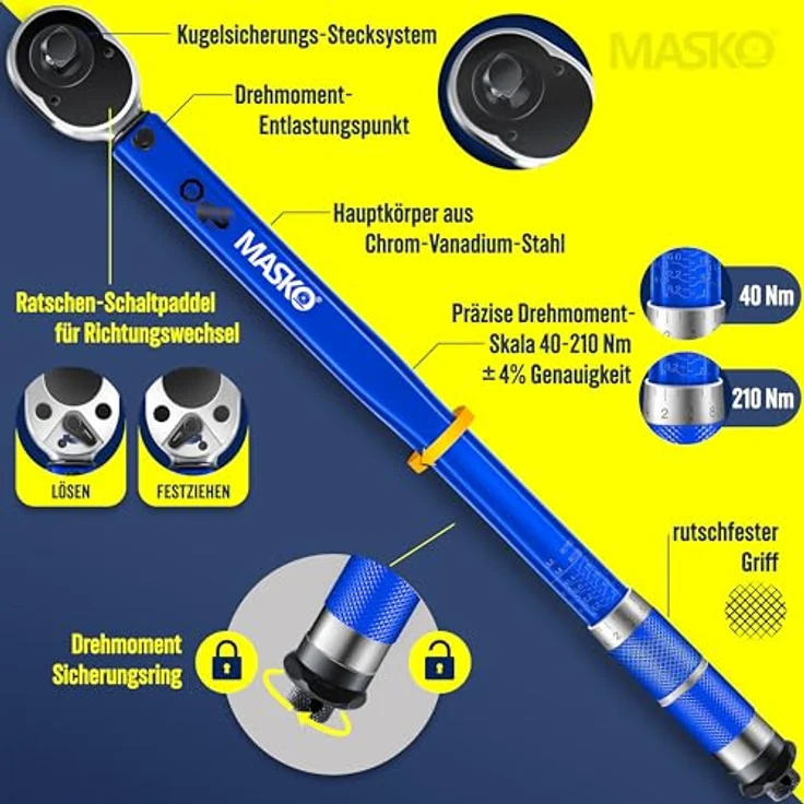 MASKO Drehmomentschlüssel 6tlg. Set 40-210Nm 1-2 ' CV inkl. 3 Stecknüssen 17mm, 19mm, 21mm und Verlängerung 125mm inkl. Koffer +- 4% Toleranz Reifenschlüssel Auto Drehmoment-Schlüssel Blau – Bild 6