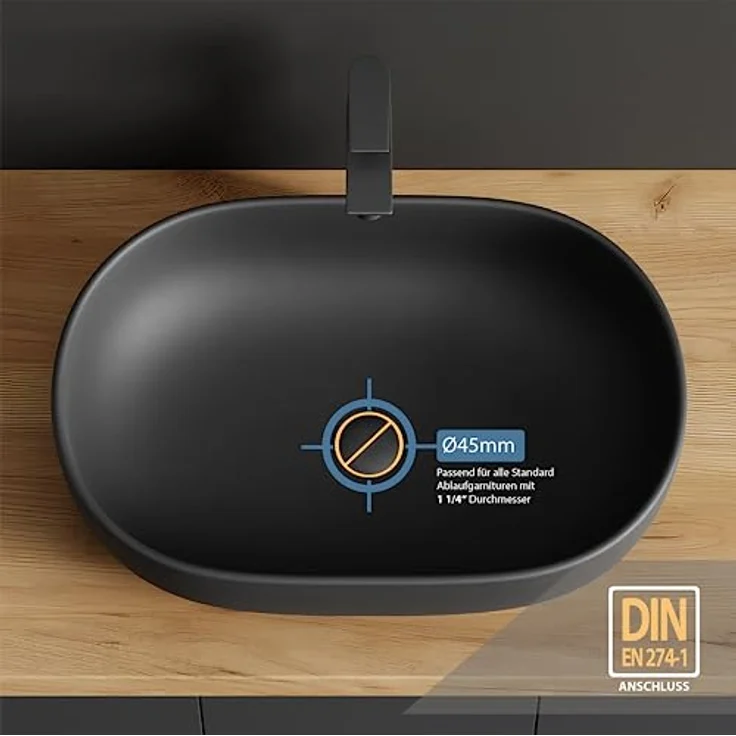 Planetmöbel Aquil Deluxe Waschbecken Oval | Aufsatzwaschbecken für Badezimmer und Gäste-WC | Handwaschbecken ohne Hahnloch und Überlauf | Schwarz matt, 60 x 40 x15 cm – Bild 3
