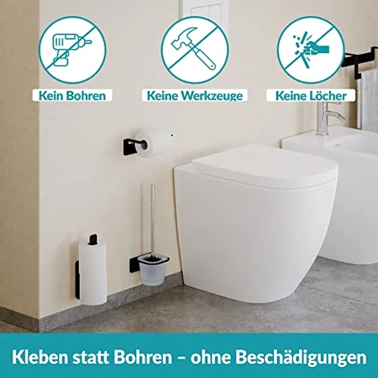 WEISSENSTEIN Toilettenbürstenhalter Set zur Wandmontage ohne Bohren - WC-Garnitur Set mit Bürste, Bürstenhalter aus Glas, schwarzer Edelstahl Halterung zum Kleben – Bild 2