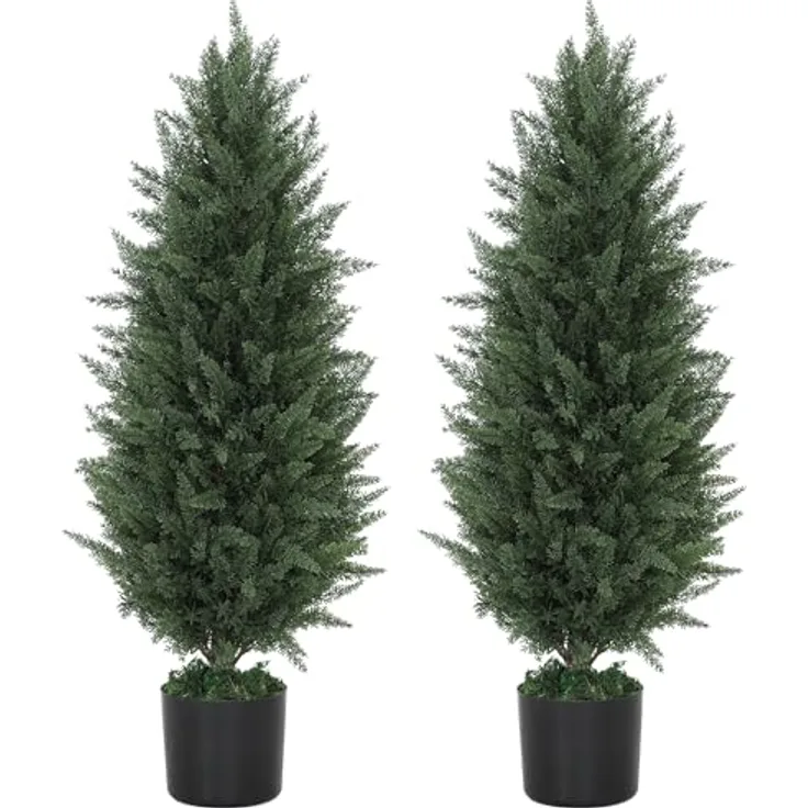 HOMCOM Künstliche Zypresse 2er-Set, UV-beständige Kunstpflanze 90 cm im Topf für Innen- und Außenbereich, naturgetreues Zypresse-Design