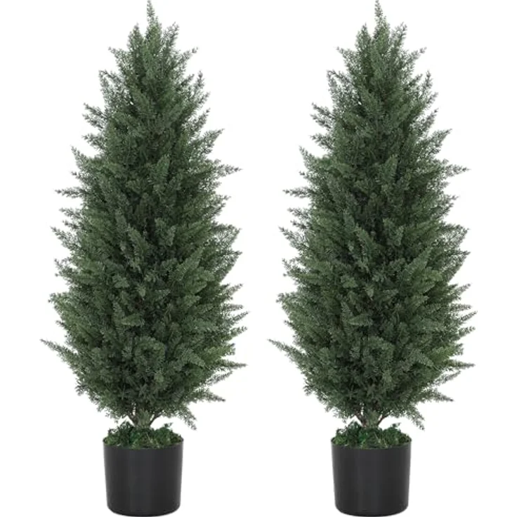 HOMCOM Künstliche Zypresse 2er-Set, UV-beständige Kunstpflanze 90 cm im Topf für Innen- und Außenbereich, naturgetreues Zypresse-Design – Bild 1